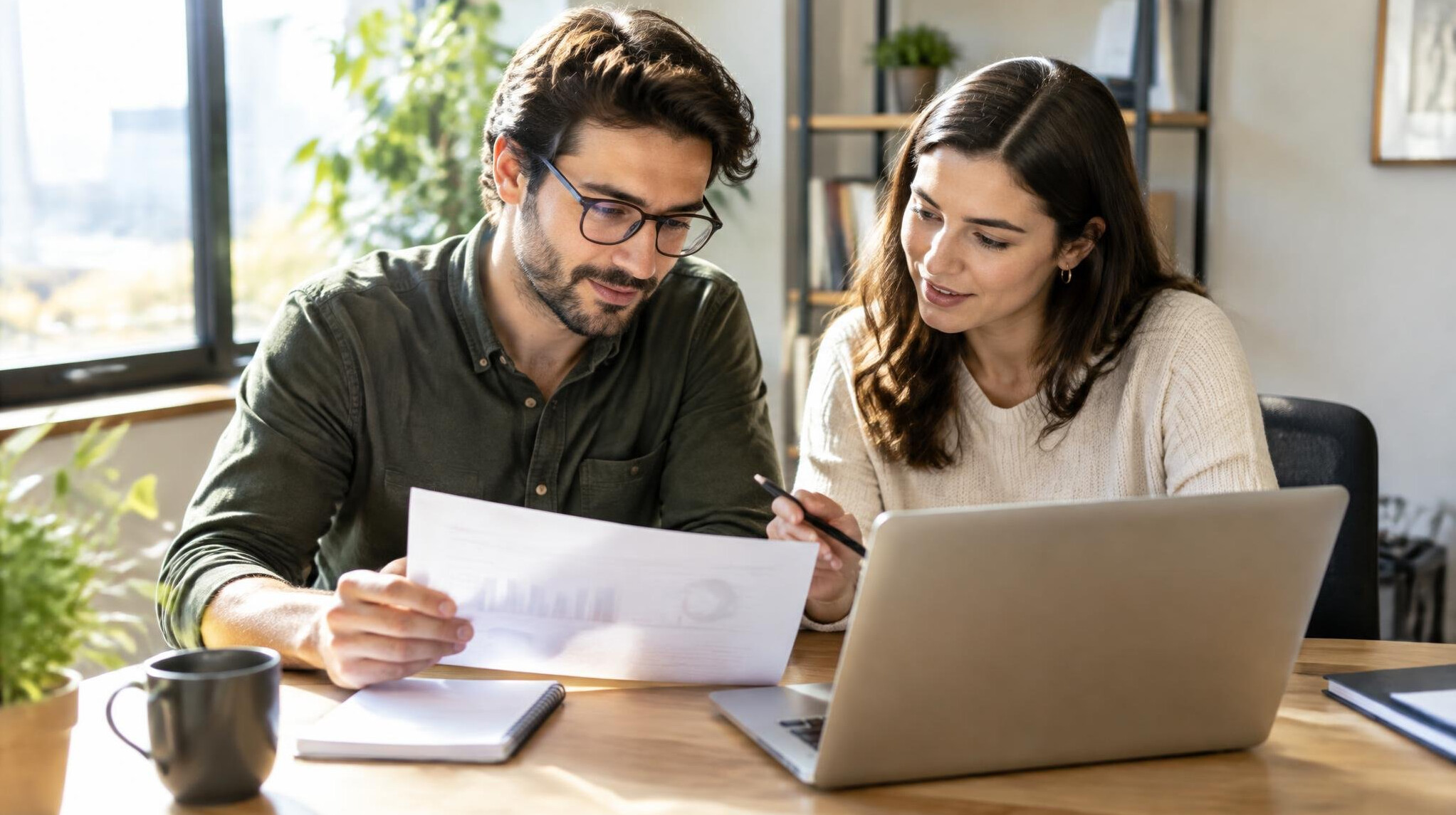 Two colleagues reviewing documents at a desk